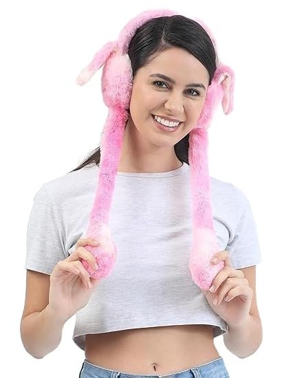 Cute Pink Plush Bunny Earmuffs – Warm Winter Ear Cover with Long Hanging Ears