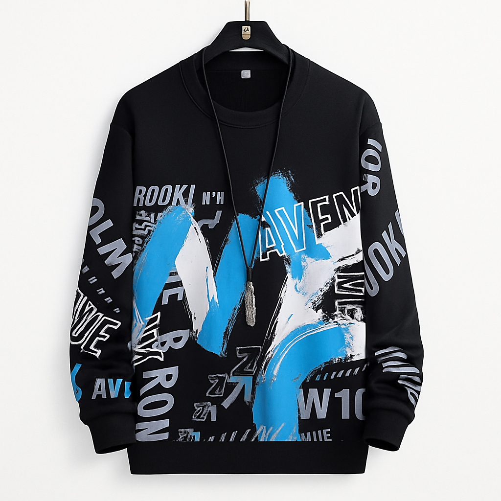 Men’s Graphic Streetwear Sweatshirt – Blue & White Abstract Print