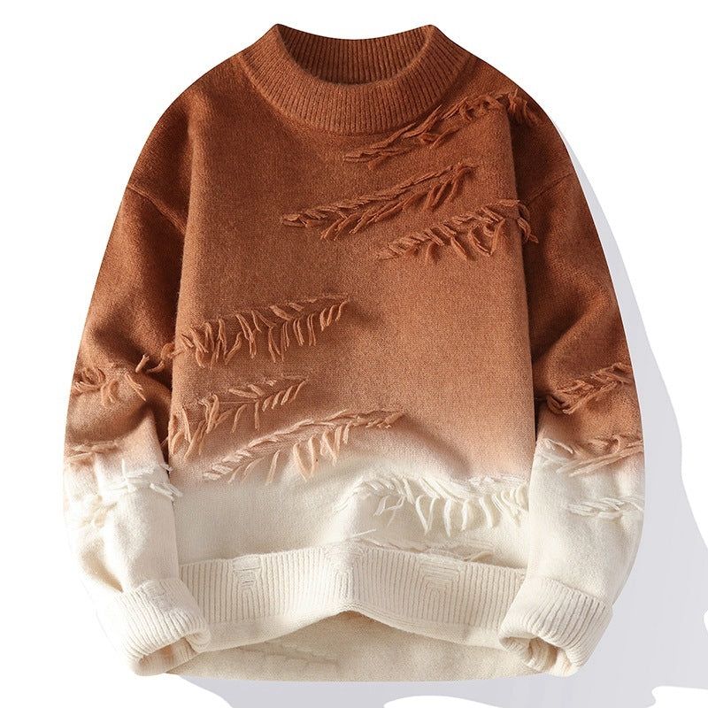 Men’s Ombre Textured Knit Sweater – Brown to Cream Gradient Pullover