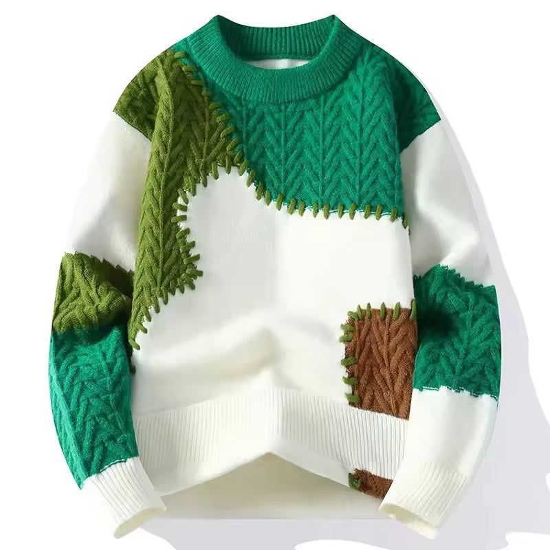 Men’s Patchwork Textured Knit Sweater – Green & Cream Winter Pullover