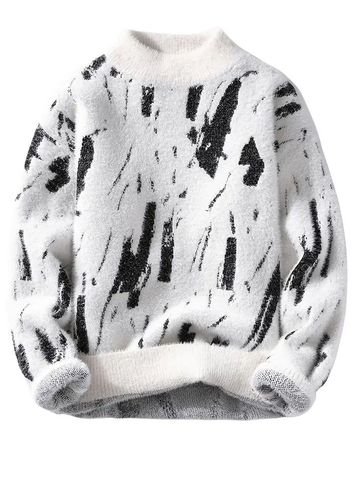 Abstract Print Cozy Winter Fleece Sweater – White & Black