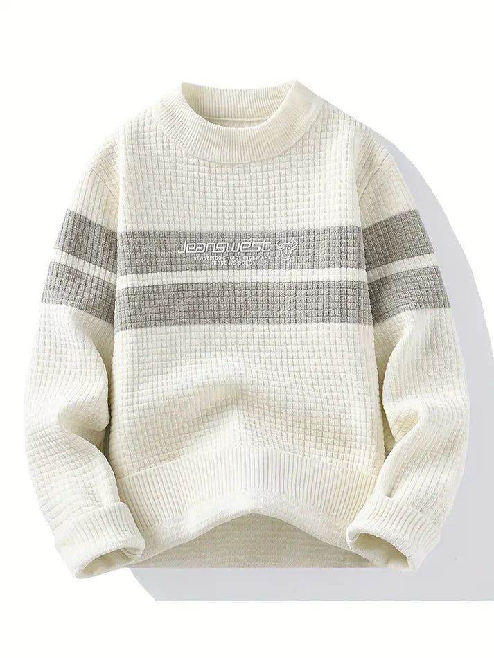 Men’s Textured Knit Sweater – White & Grey Striped Winter Pullover