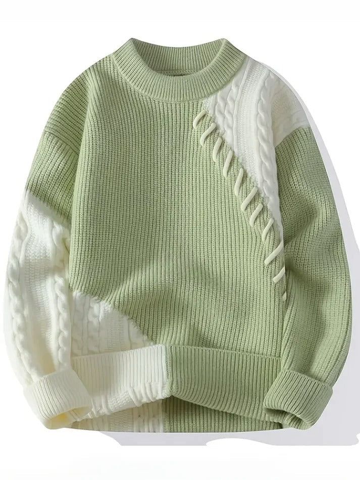 Men’s Patchwork Cable-Knit Sweater – Light Green & Cream Winter Pullover