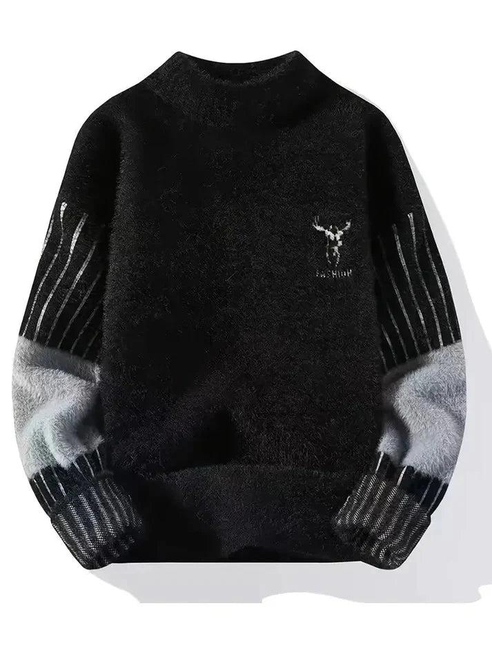 Men’s Fuzzy Knit Sweater – Black Winter Pullover with Deer Chest Logo