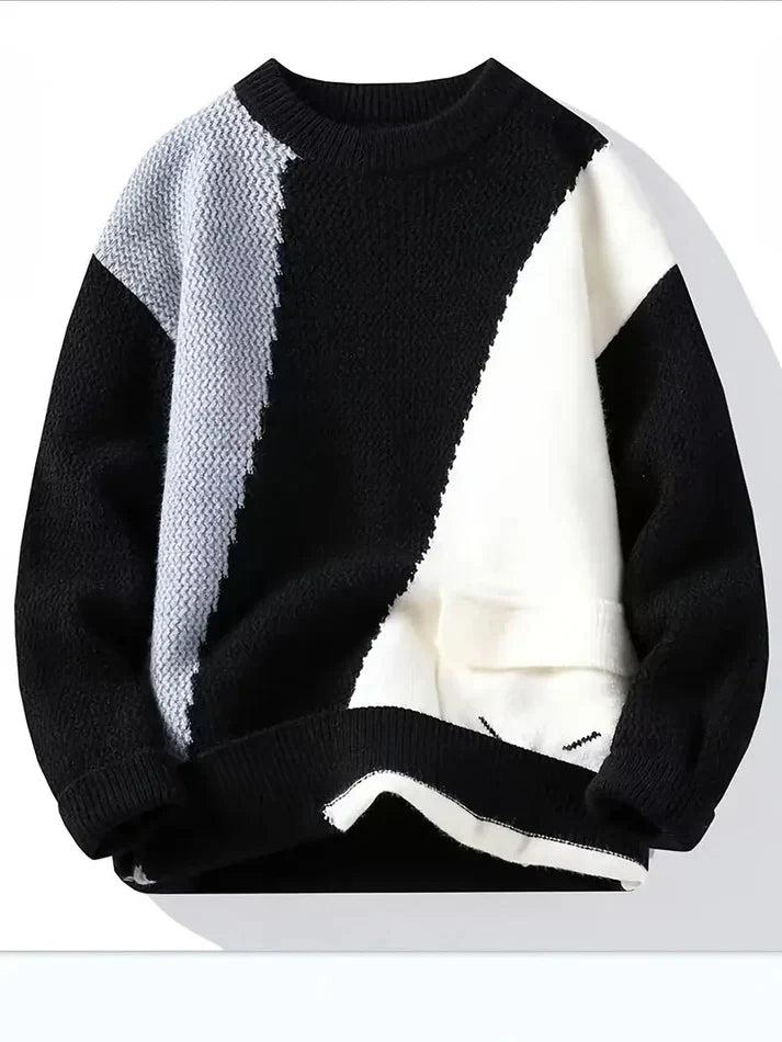 Men’s Colorblock Knit Sweater – Black, White & Grey Winter Pullover