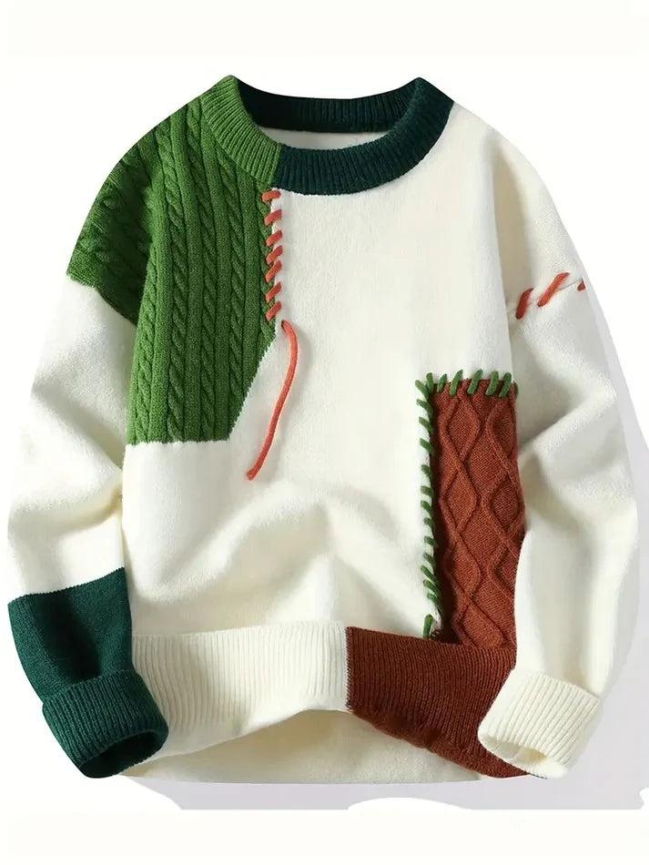Men’s Patchwork Cable-Knit Sweater – Green, Brown & Cream Winter Pullover