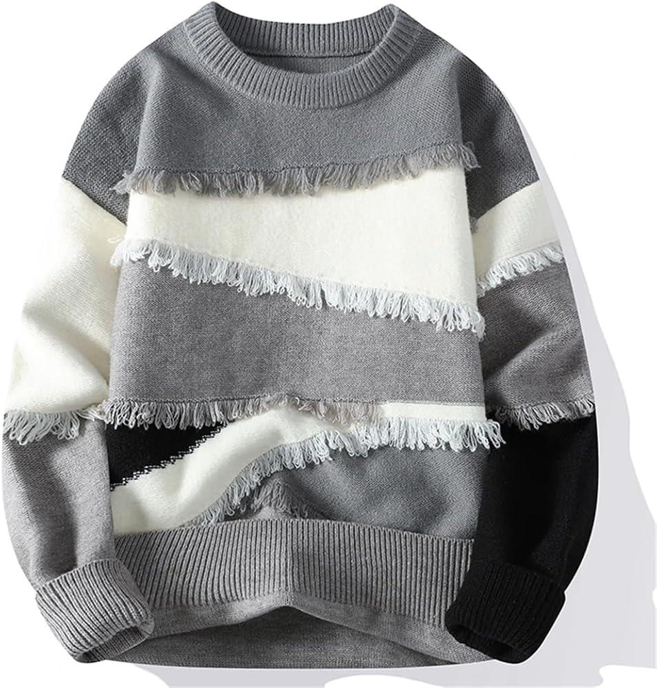 Men’s Fringe Patchwork Knit Sweater – Grey, White & Black Winter Pullover
