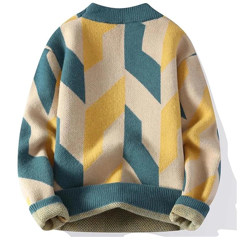 Men’s Geometric Pattern Knit Sweater – Teal, Yellow & Beige Winter Pullover