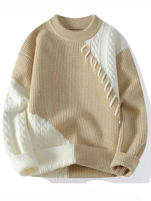 Men’s Patchwork Cable-Knit Sweater – Beige & Cream Winter Pullover