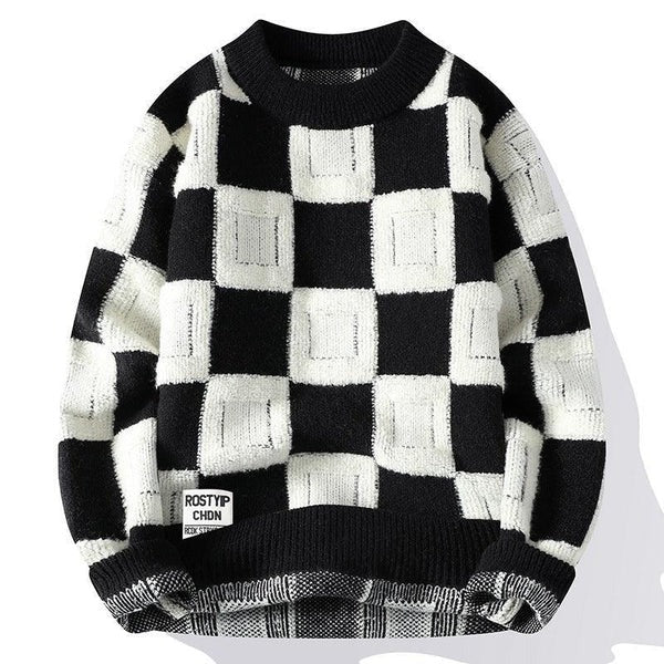 Men’s Black & White Checkered Knit Sweater – Winter Streetwear Pullover