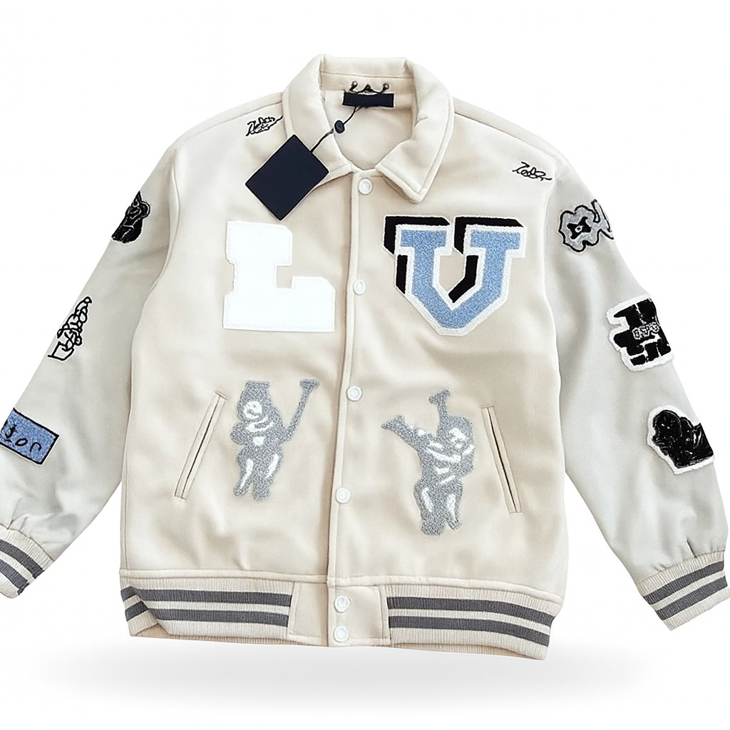Men’s Beige Varsity Patch Jacket – Letterman Style Streetwear