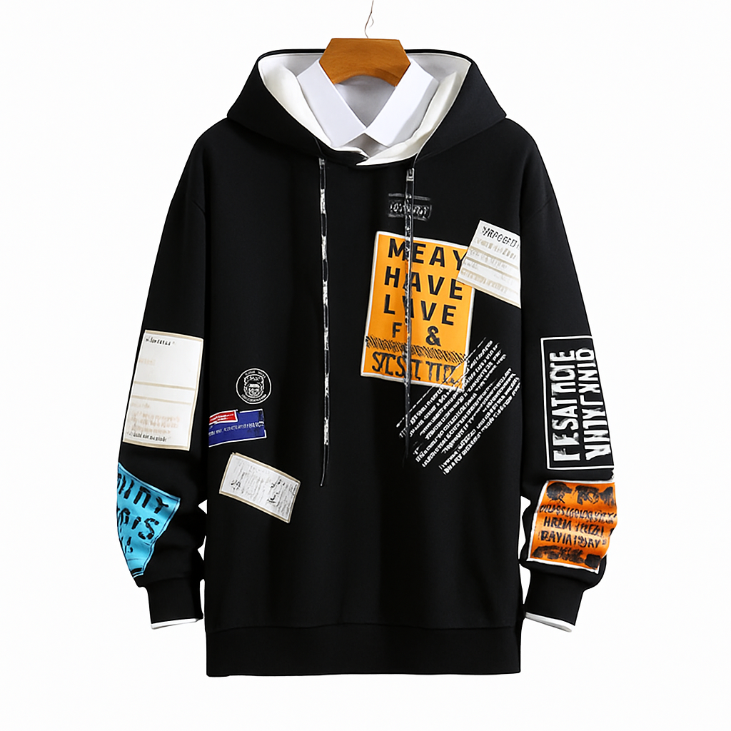 Men’s Graphic Patchwork Hoodie – Multi-Color Streetwear Design