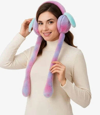 Pastel Rainbow Plush Bunny Earmuffs – Soft Winter Ear Warmers with Long Hanging Paws